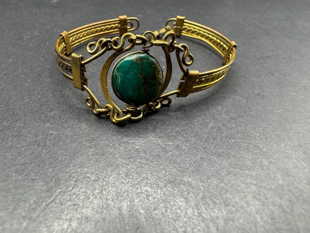 Antique Art Nouveau Brass Cuff Hook Bracelet w/ Jade Green Stone
